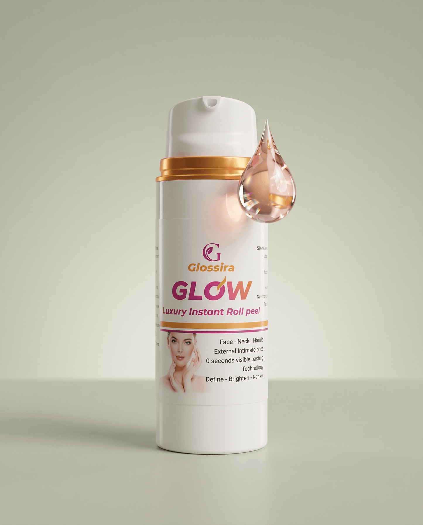 Glossira GLOW Luxury Instant Roll Peel bottle. مقشر جلوسيرا الفوري الفاخر لتفتيح وتجديد البشرة والمناطق الحساسة.