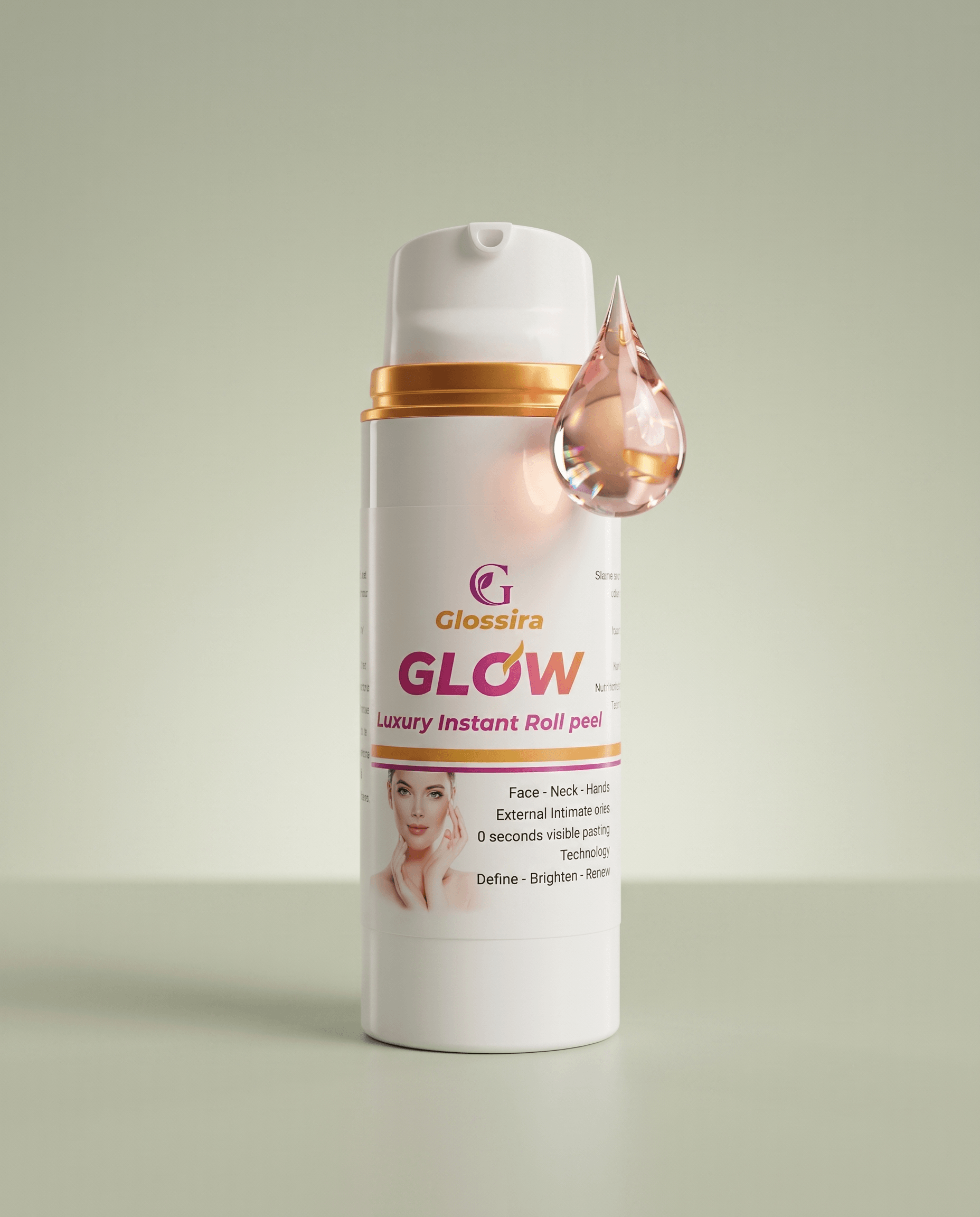 Glossira GLOW Luxury Instant Roll Peel bottle. مقشر جلوسيرا الفوري الفاخر لتفتيح وتجديد البشرة والمناطق الحساسة.