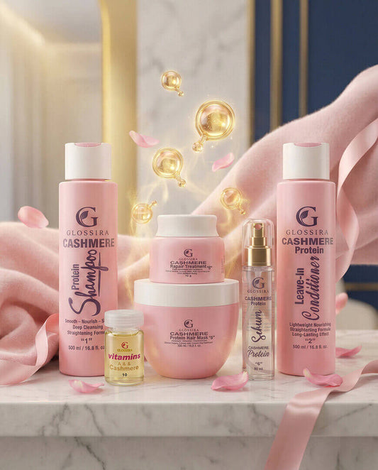 مجموعة الكشمير المتكاملة للعناية بالشعر من جلوسيرا: شامبو، بلسم ليف إن، ماسك، وسيروم لترميم وتنعيم الشعر