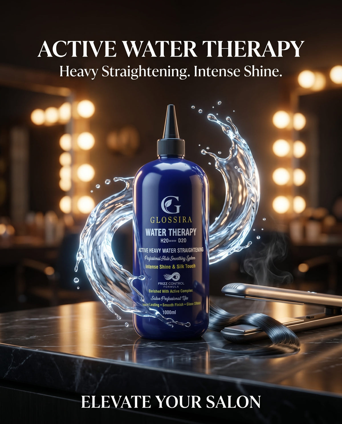 عبوة فرد الماء النشط Water Therapy من جلوسيرا بخلفية احترافية. Glossira Water Therapy Professional Hair Smoothing System.
