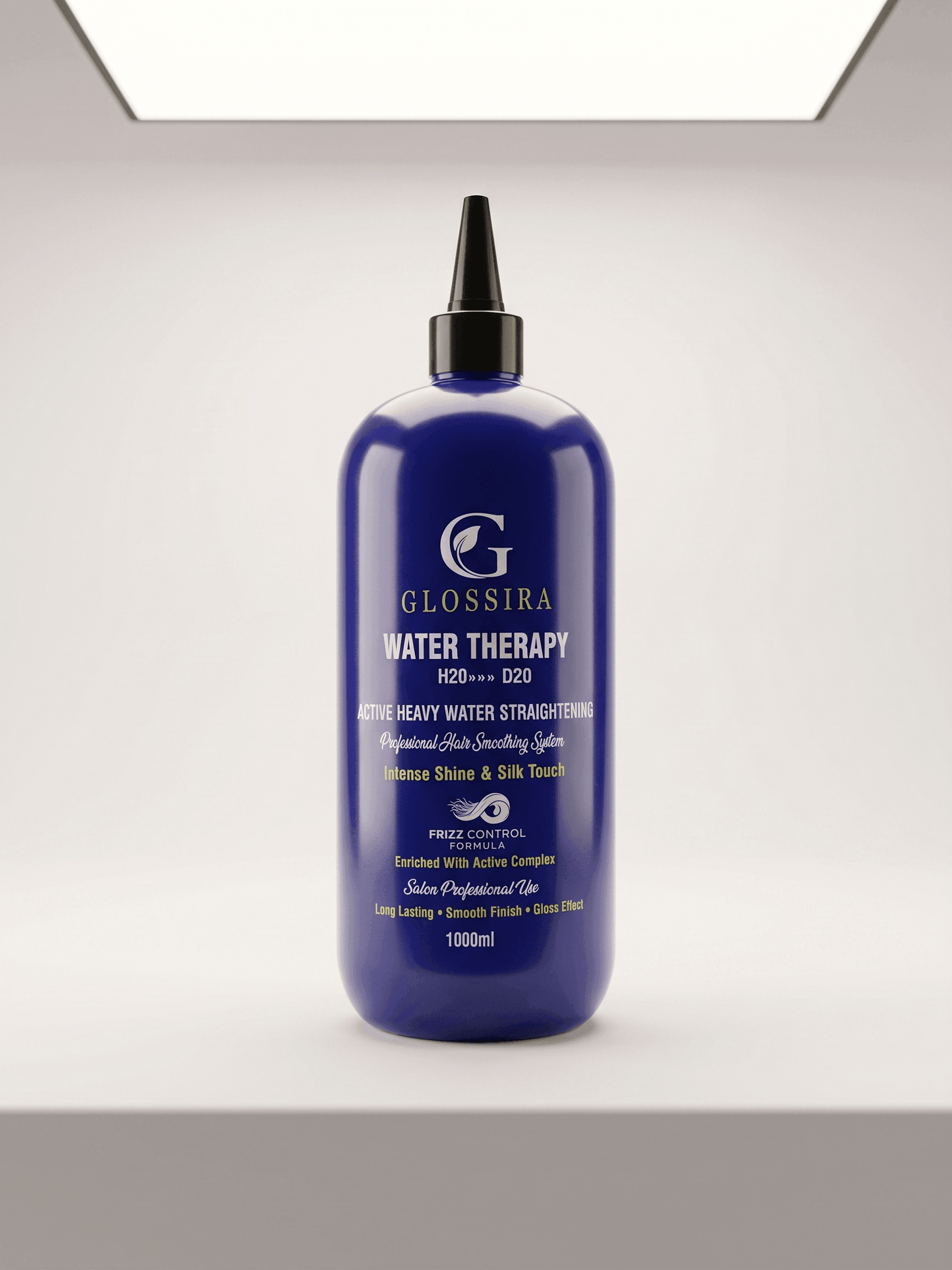 عبوة فرد الماء النشط Water Therapy من جلوسيرا بخلفية احترافية. Glossira Water Therapy Professional Hair Smoothing System.