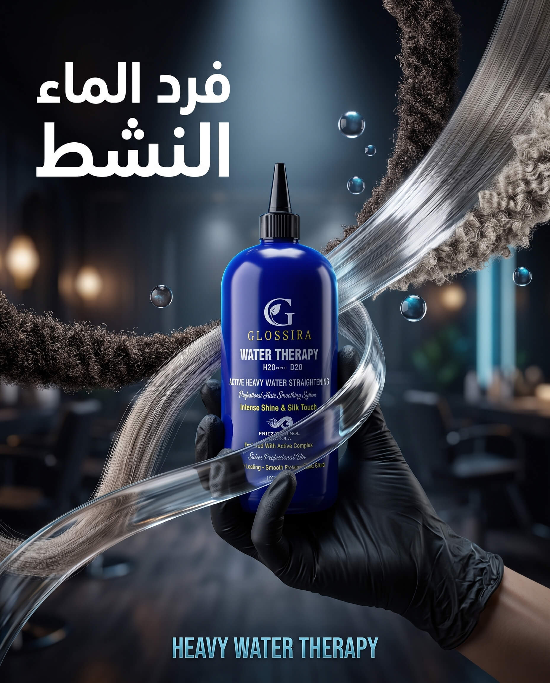 عبوة فرد الماء النشط Water Therapy من جلوسيرا بخلفية احترافية. Glossira Water Therapy Professional Hair Smoothing System.